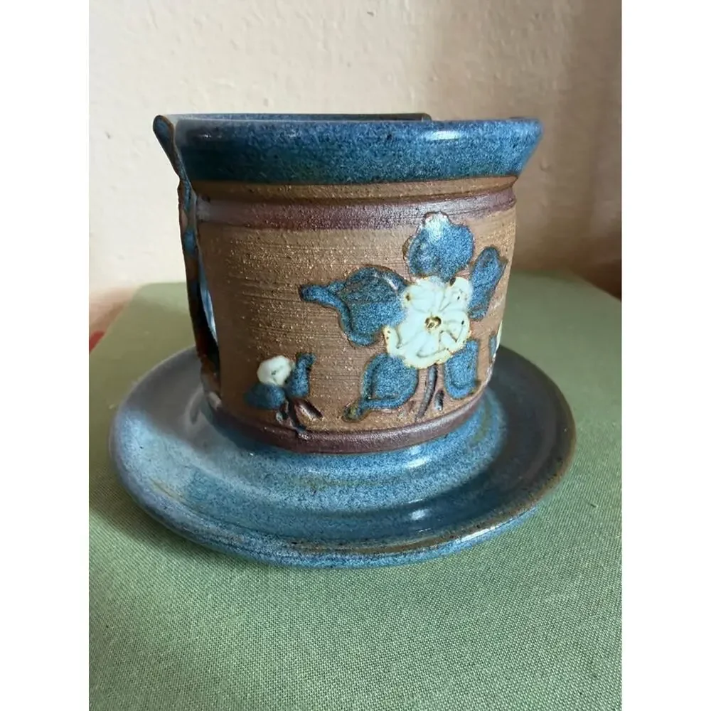 Signed Studio Pottery Floral Candle Holder – Handcrafted Blue & Brown Stoneware